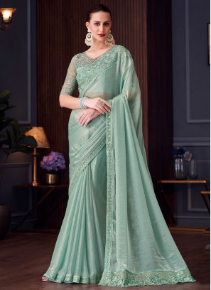 Silk Sequins Aqua Blue Classic Saree