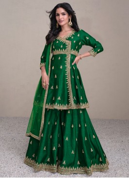 Silk Sequins Palazzo Salwar Kameez in Green