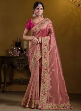 Silk Sequins Peach and Pink Designer Saree