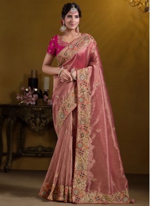 Silk Sequins Peach and Pink Designer Saree