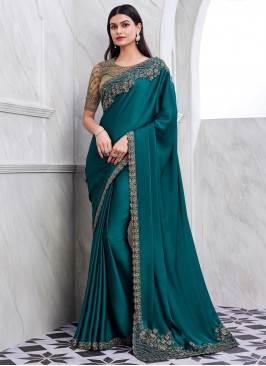 Silk Teal Embroidered Classic Saree