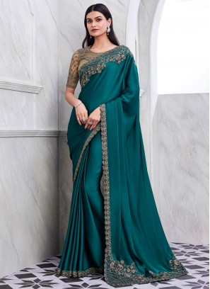 Silk Teal Embroidered Classic Saree