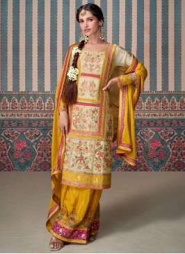 Silk Trendy Salwar Kameez in Beige and Yellow