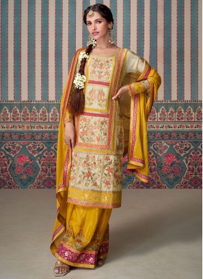 Silk Trendy Salwar Kameez in Beige and Yellow