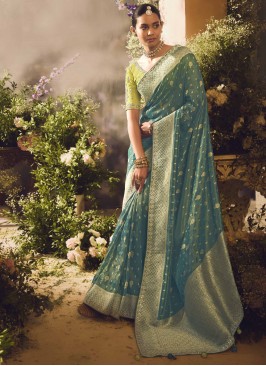 Silk Weaving Green and Grey Trendy Saree