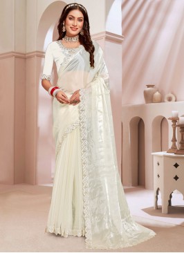 Silk Zircon Contemporary Saree in White