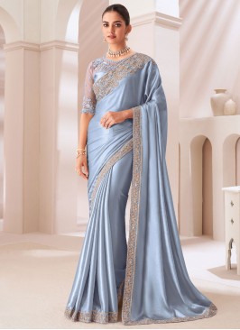 Simplistic Chiffon Satin Aqua Blue Embroidered Trendy Saree