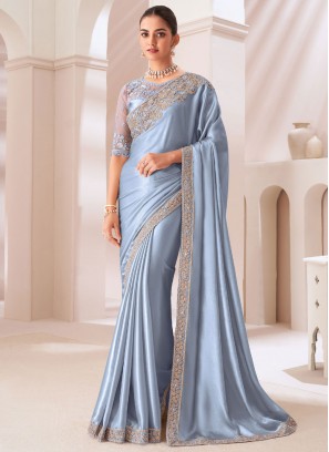 Simplistic Chiffon Satin Aqua Blue Embroidered Trendy Saree