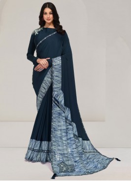 Simplistic Fancy Teal Pure Crepe Designer Saree