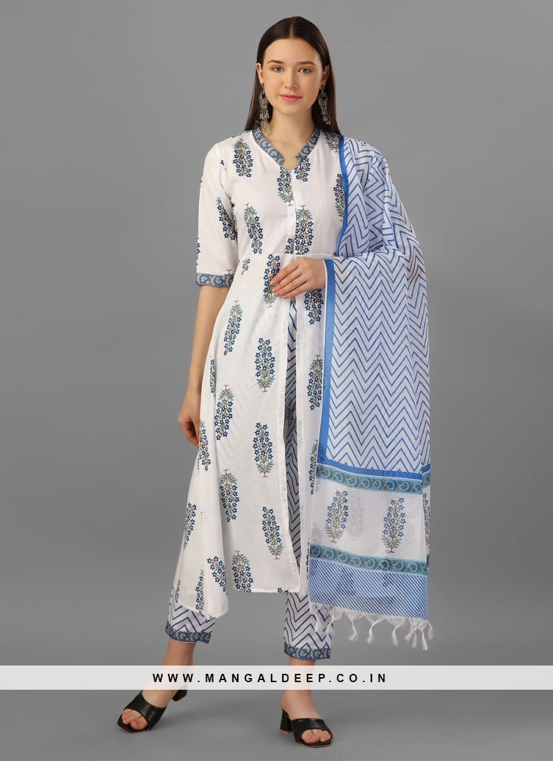 White mugal print cotton churidar dress design with cotton dupatta