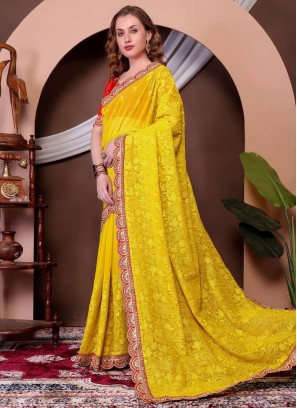 Simplistic Yellow Border Trendy Saree