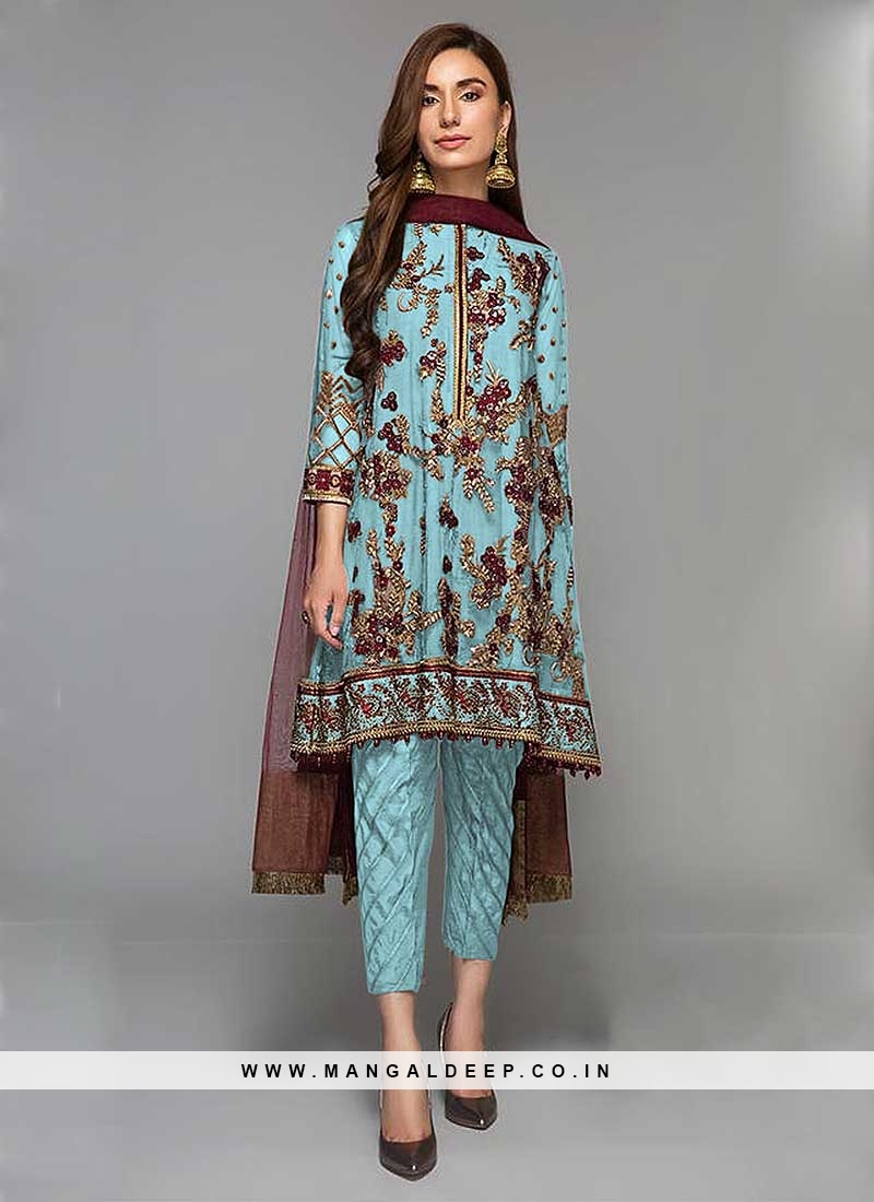 Embroidered Georgette Peplum Style Pakistani Suit in Sky Blue