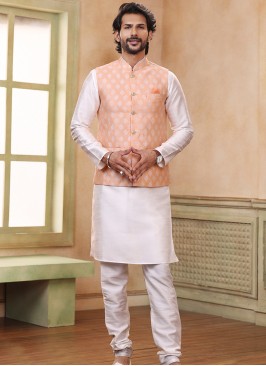 Peach Jacquard Banarasi Silk 3-Piece Jacket Set wi