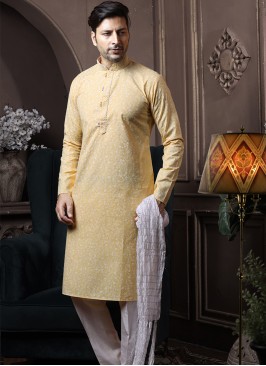Light Yellow Silk Kurta Pajama with Off-White ArtS