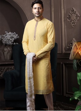 Yellow Silk Kurta Pajama with Off-White ArtSilk Tr