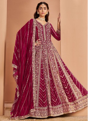 Snazzy Faux Georgette Maroon Anarkali Salwar Suit