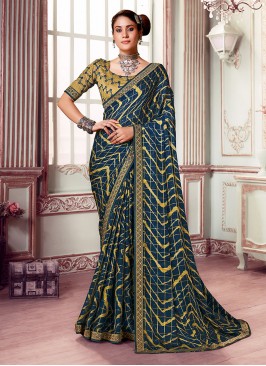 Snazzy Printed Turquoise Silk Trendy Saree