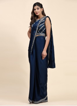 Snazzy Satin Silk Embroidered Navy Blue Saree