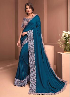 Snazzy Teal Embroidered Contemporary Style Saree