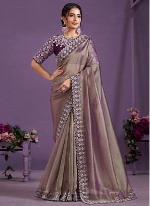 Sophisticated Sequins Banarasi Silk Grey and Lavender Trendy Saree