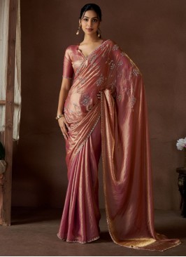 Sorcerous Satin Silk Pink and Rust Cutdana Designer Saree