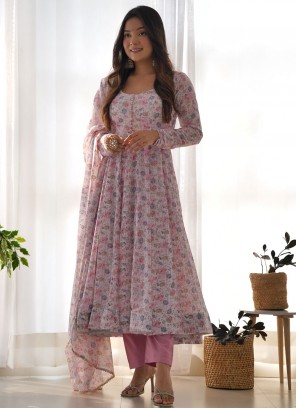 Sparkling Chiffon Floral Print Pink Readymade Salwar Kameez