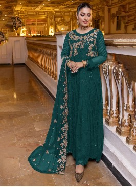 Sparkling Embroidered Faux Georgette Green Trendy 