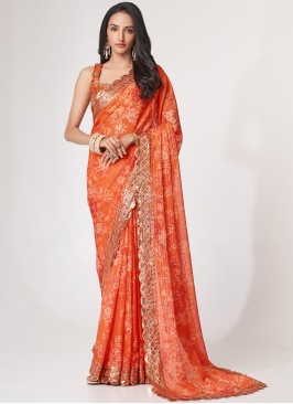 Sparkling Embroidered Orange Trendy Saree