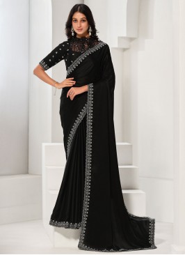 Sparkling Satin Silk Black Embroidered Designer Saree