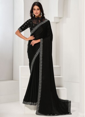 Sparkling Satin Silk Black Embroidered Designer Saree