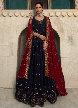 Sparky Navy Blue Embroidered Georgette Festive Wea