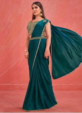 Specialised Teal Embroidered Georgette Contemporary Saree