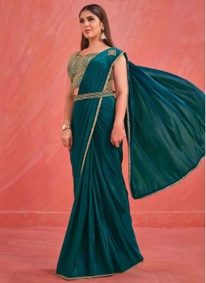 Specialised Teal Embroidered Georgette Contemporary Saree