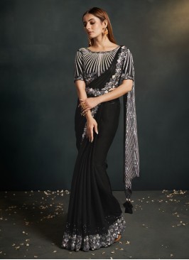 Spectacular Crepe Silk Black Embroidered Contemporary Saree