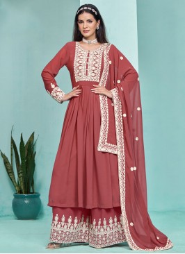 Spectacular Embroidered Crimson Faux Georgette Palazzo Salwar Kameez