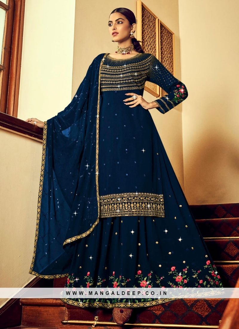 Navy blue Georgette heavy Thread Sequence wedding Bridal Lehenga choli