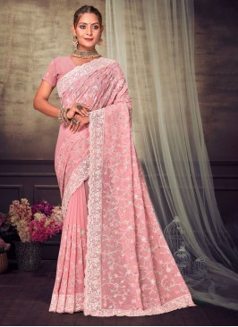 Spectacular Embroidered Pink Georgette Designer Saree