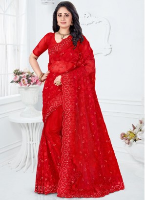 Spectacular Net Red Classic Designer Saree