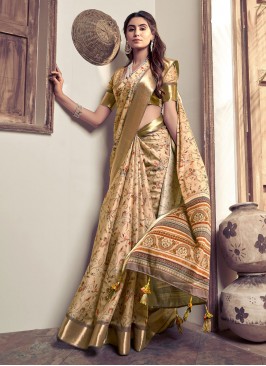 Spectacular Printed Giccha Silk Beige Trendy Saree