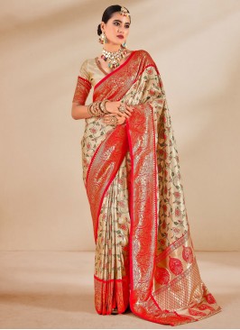 Spectacular Silk Cream and Red Weaving Trendy Saree