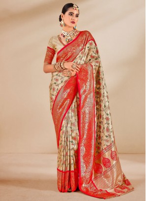 Spectacular Silk Cream and Red Weaving Trendy Saree