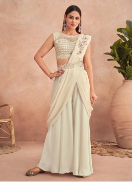 Spectacular Silk Off White Designer Lehenga Style Saree