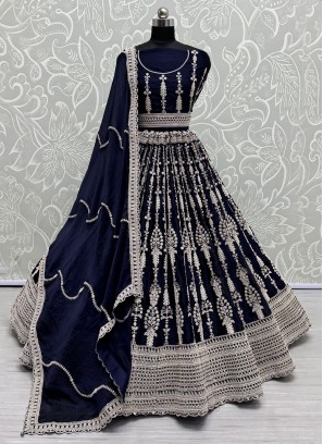 Spellbinding Dori Work Navy Blue Satin Lehenga Choli