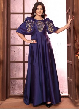 Splendid Embroidered Navy Blue Silk Readymade Gown