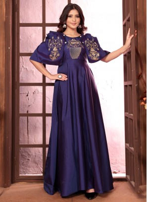 Splendid Embroidered Navy Blue Silk Readymade Gown