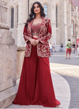 Splendid Embroidered Silk Red Jacket Style Suit