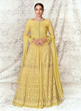 Staggering Pure Georgette Embroidered Yellow Trendy Lehenga Choli