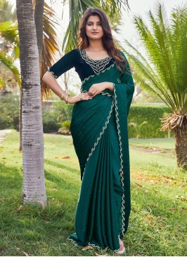 Stone Satin Silk Designer Saree in Green
