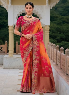 Stone Silk Trendy Saree in Orange and Rani