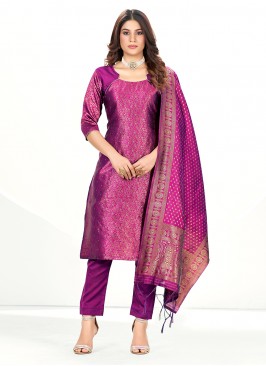 Straight Salwar Suit Woven Banarasi Silk in Purple